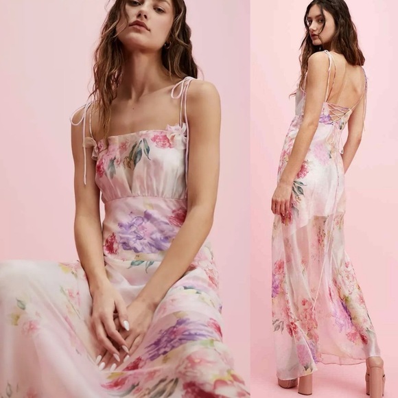 For Love And Lemons Dresses & Skirts - NEW! For Love And Lemon- Baby Pink Floral Sheer Maxi Dress With Self Tie Size L
